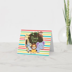 Zoo Animals Baby Shower, Bright Rainbow Stripes Thank You Card