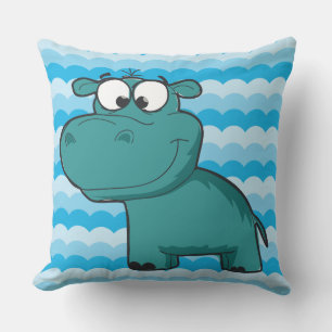 Zoo Animals Cartoon Blue Hippo Hippopotamus Outdoor Cushion