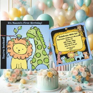 Zoo Animals Giraffe Lion Birthday Custom Invites