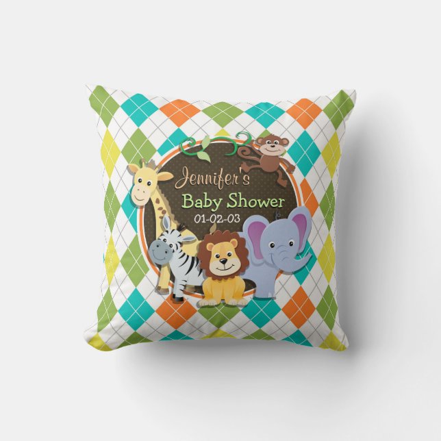 Zoo Animals on Colourful Argyle Cushion (Front)