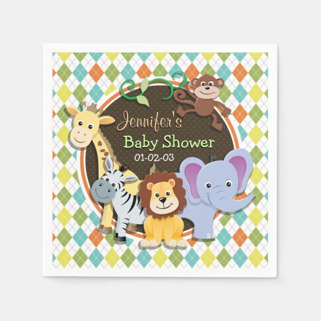 Zoo Animals on Colourful Argyle Napkin (Front)