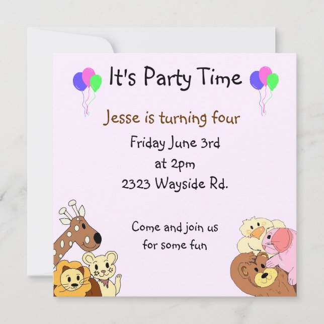 Zoo Animals Party Invitation (Front)