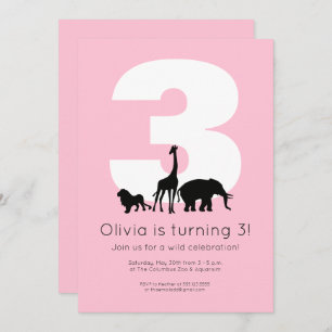 Zoo animals pink kids birthday party invitation