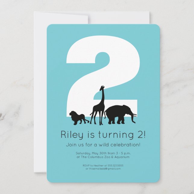 Zoo animals teal toddler birthday party invitation (Front)