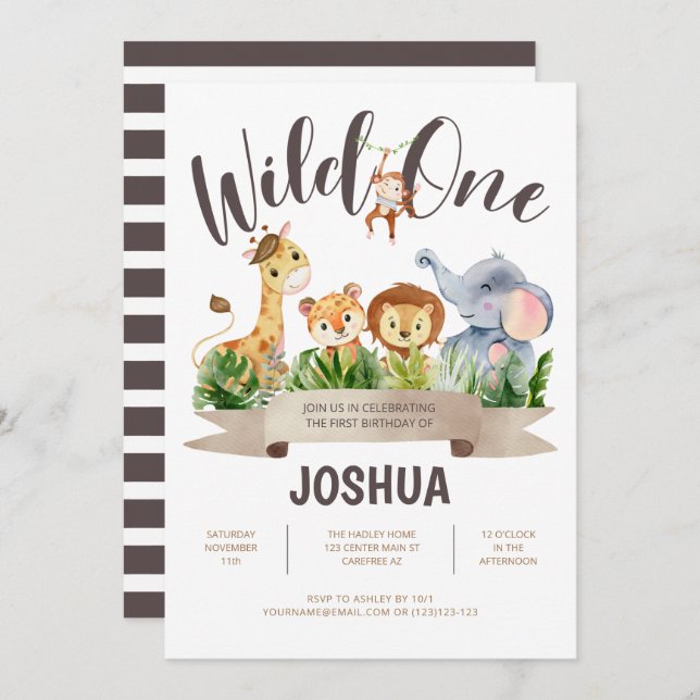 Zoo Animals Wild One Birthday Invitation (Front/Back)