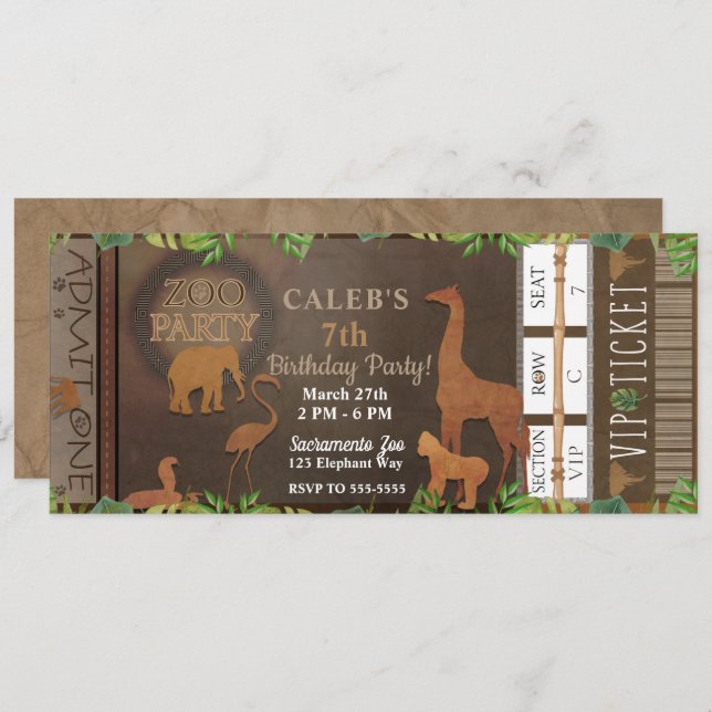 ZOO PARTY Brown Animals Birthday Party Ticket Invitation (Front/Back)