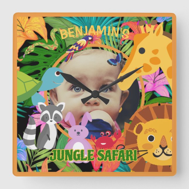 Zoo Wild Animal Jungle Safari Kids Birthday Square Wall Clock (Front)