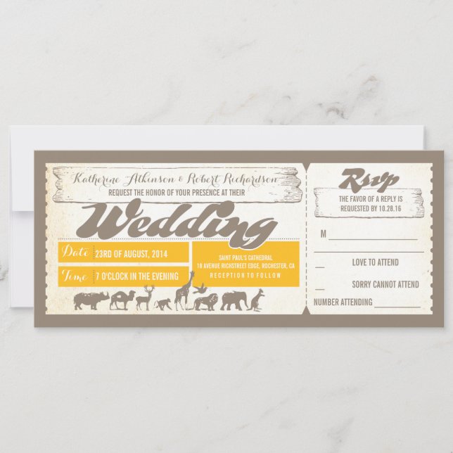 Zoo wildlife animals wedding invitation tickets (Front)