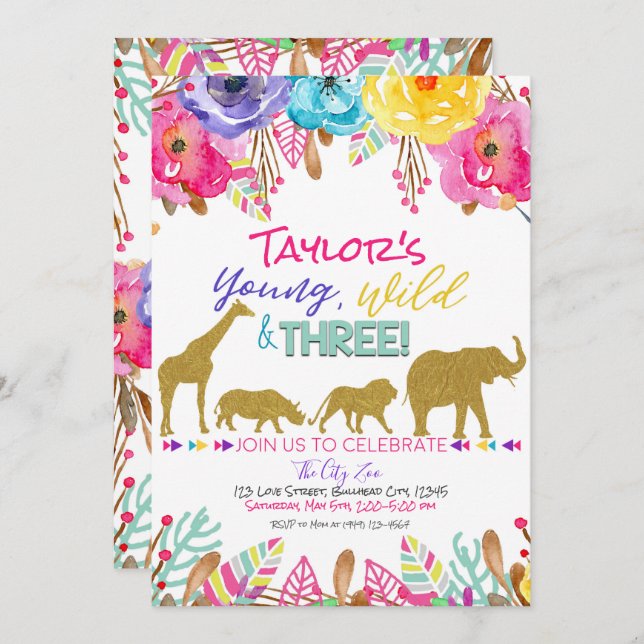Zoo Young Wild & Three Girls Safari 3rd Birthday Invitation (Front/Back)