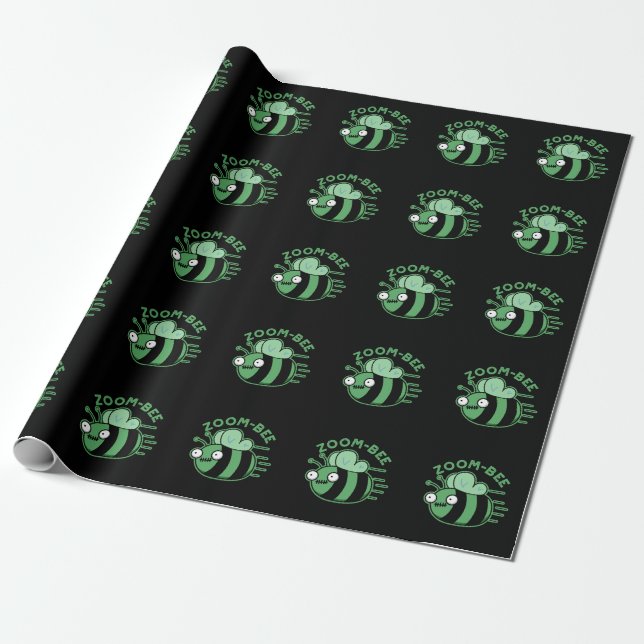 Zoom-bee Funny Zombie Bee Pun Dark BG Wrapping Paper (Unrolled)
