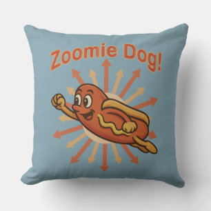 Zoomie Dog Flying Hot Dog Cartoon – Fun Retro Cushion