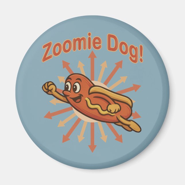 Zoomie Dog Flying Hot Dog Cartoon – Fun Retro Magnet (Front)