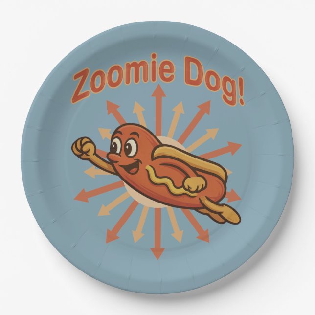 Zoomie Dog Flying Hot Dog Cartoon – Fun Retro Paper Plate (Front)