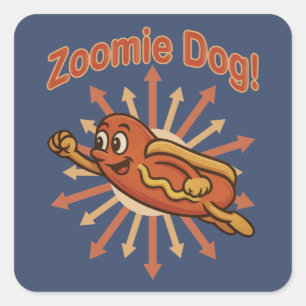 Zoomie Dog Flying Hot Dog Cartoon – Fun Retro Square Sticker