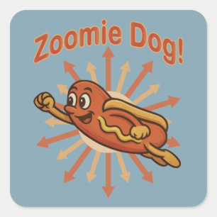 Zoomie Dog Flying Hot Dog Cartoon – Fun Retro Square Sticker