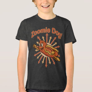 Zoomie Dog Flying Hot Dog Cartoon – Fun Retro Tri-Blend Shirt
