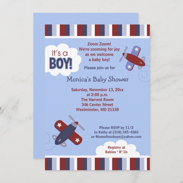 Zooming Aeroplane Invitation Red and Navy (Front/Back)