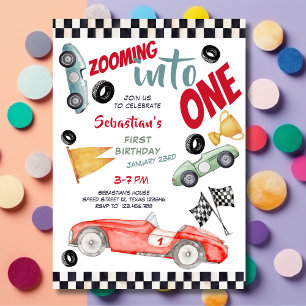 Zooming into one speed racing car first birthday invitation