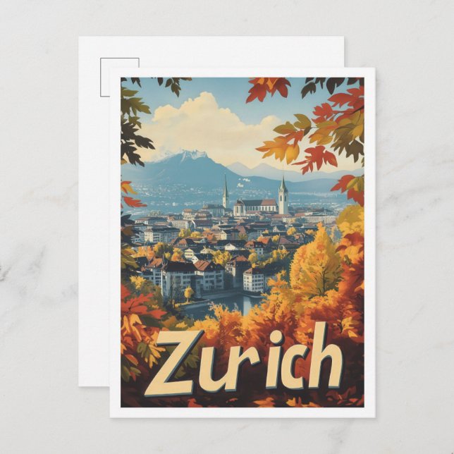 Zurich Switzerland Art Vintage Travel Illustration Postcard (Front/Back)