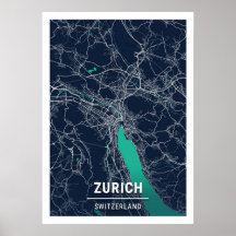 Zurich - Switzerland Blue Dark City Map