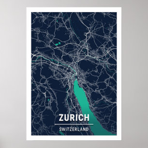 Zurich - Switzerland Blue Dark City Map Poster