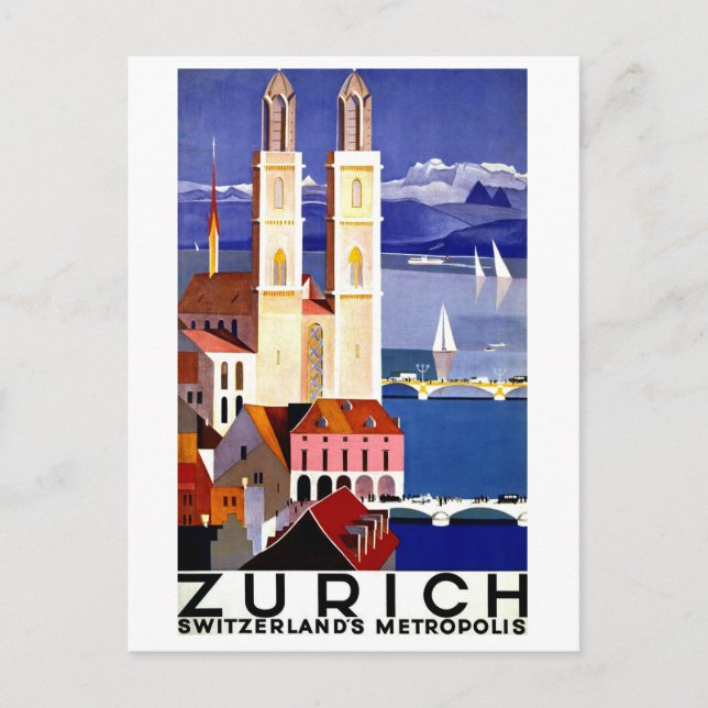 Zurich, Switzerland city, church, vintage travel Postcard (Front)