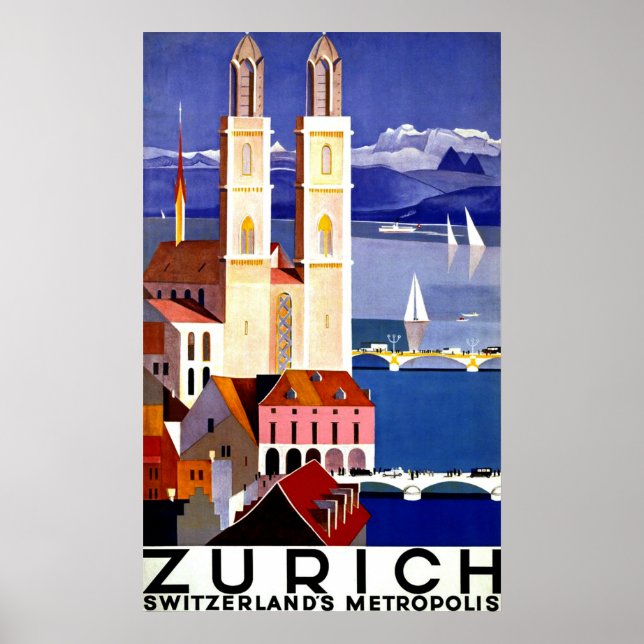 Zurich, Switzerland city, church, vintage travel Poster (Front)