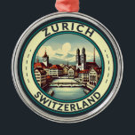 Zurich Switzerland Illustration Travel Art Badge Metal Tree Decoration<br><div class="desc">Zurich retro vector travel design. The picturesque lanes of the central Altstadt (Old Town),  on either side of the Limmat River,  reflect its pre-mediaeval history.</div>