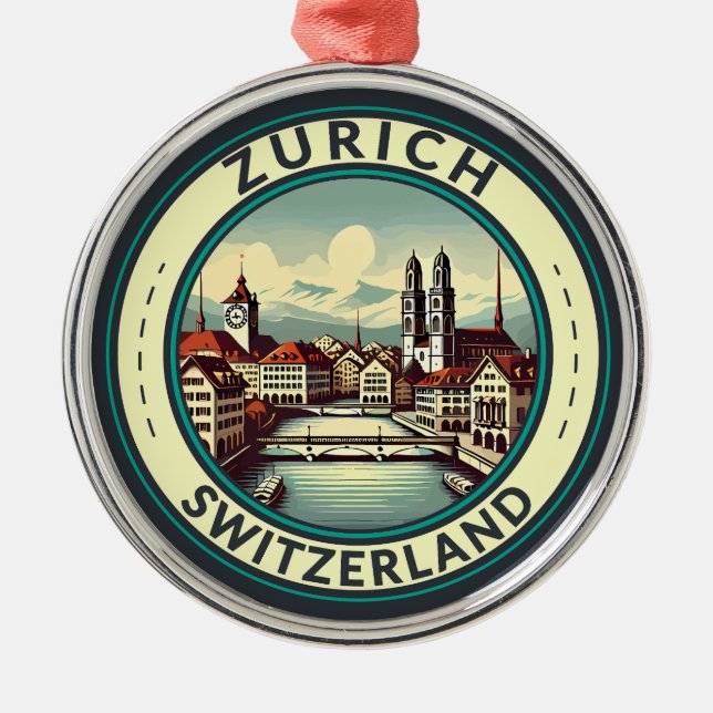 Zurich Switzerland Illustration Travel Art Badge Metal Tree Decoration (Front)