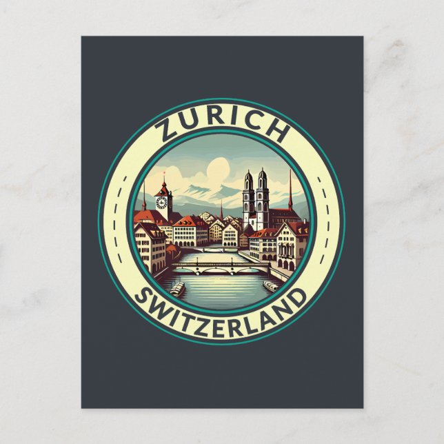 Zurich Switzerland Illustration Travel Art Badge Postcard (Front)