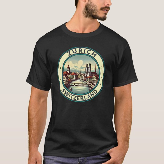 Zurich Switzerland Illustration Travel Art Badge T-Shirt (Front)