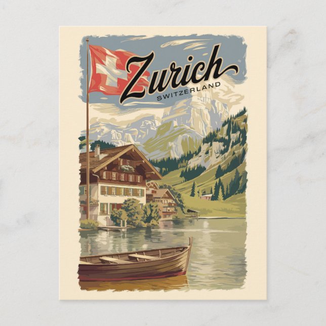 Zurich Switzerland Painterly Travel Art Vintage Postcard (Front)