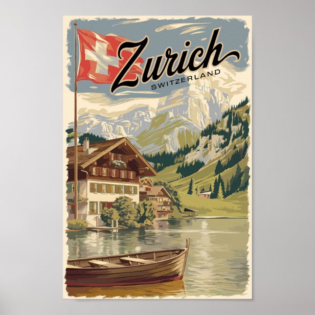 Zurich Switzerland Painterly Travel Art Vintage Poster (Front)