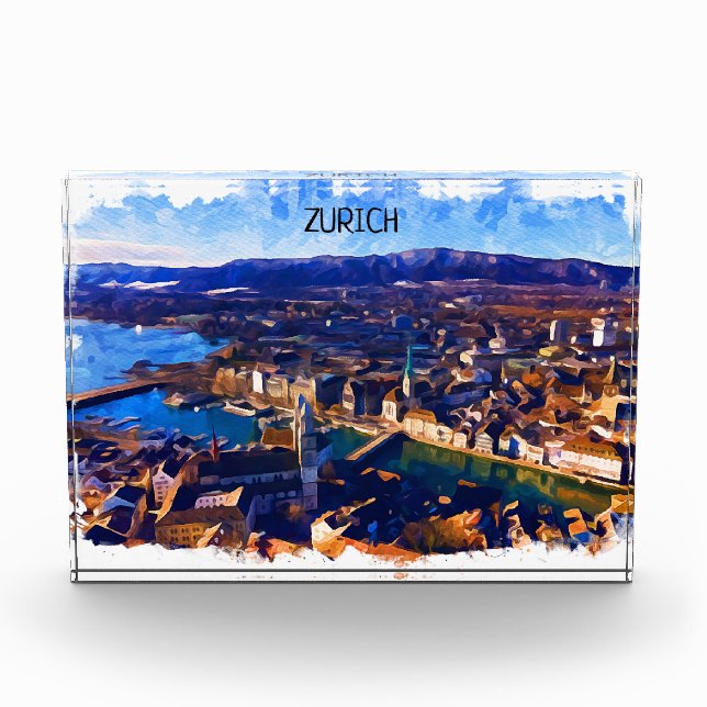 Zurich Switzerland Panorama View Watercolor Photo Block (Front)