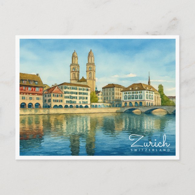 Zurich Switzerland Retro Watercolor Travel Holiday Postcard (Front)