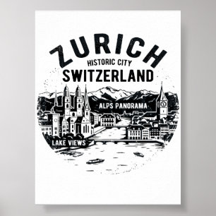 Zurich Switzerland Skyline With Alps Mountain View Poster