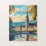 Zurich Switzerland Travel Art Vintage Jigsaw Puzzle<br><div class="desc">Zurich retro vector travel design. The picturesque lanes of the central Altstadt (Old Town),  on either side of the Limmat River,  reflect its pre-mediaeval history.</div>