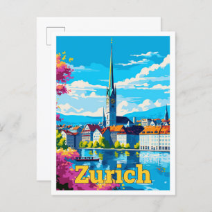Zurich Switzerland Travel Vintage Illustration Postcard