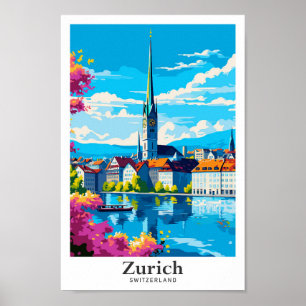 Zurich Switzerland Travel Vintage Illustration Poster