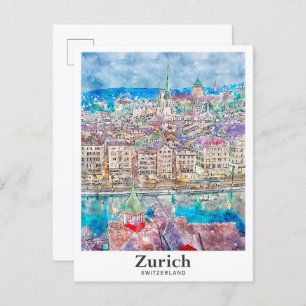 Zurich Switzerland Travel Watercolor Hand Drawn Postcard
