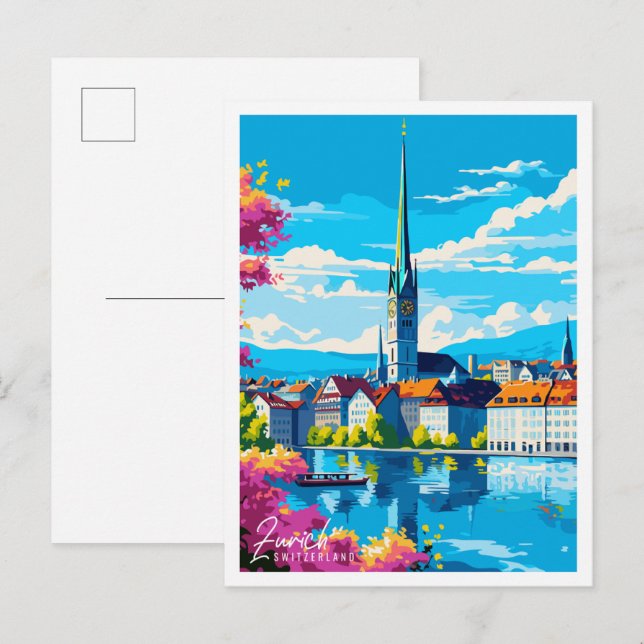 Zurich Switzerland vintage travel illustration Postcard (Front/Back)