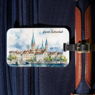 Zurich Switzerland Watercolor Painting Luggage Tag