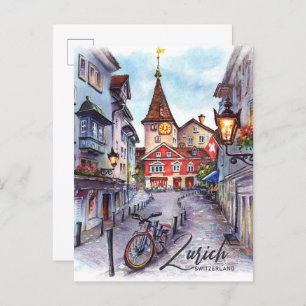 Zurich Switzerland Watercolor Painting Travel Postcard