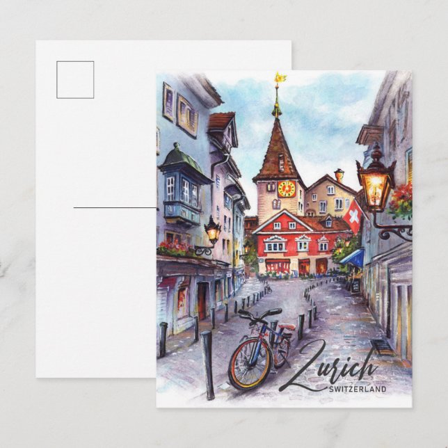 Zurich Switzerland Watercolor Painting Travel Postcard (Front/Back)