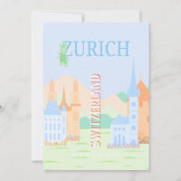 Zurich Travel Art, Switzerland, Blue Retro Travel