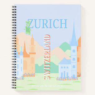 Zurich Travel Art, Switzerland, Blue Retro Travel  Notebook