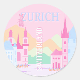 Zurich Travel Art, Switzerland, Pink Preppy Classic Round Sticker