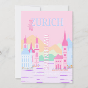 Zurich Travel Art, Switzerland, Pink Preppy Holiday Card