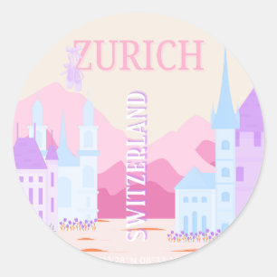 Zurich Travel Art, Switzerland, Pink Preppy Travel Classic Round Sticker