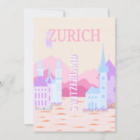 Zurich Travel Art, Switzerland, Pink Preppy Travel